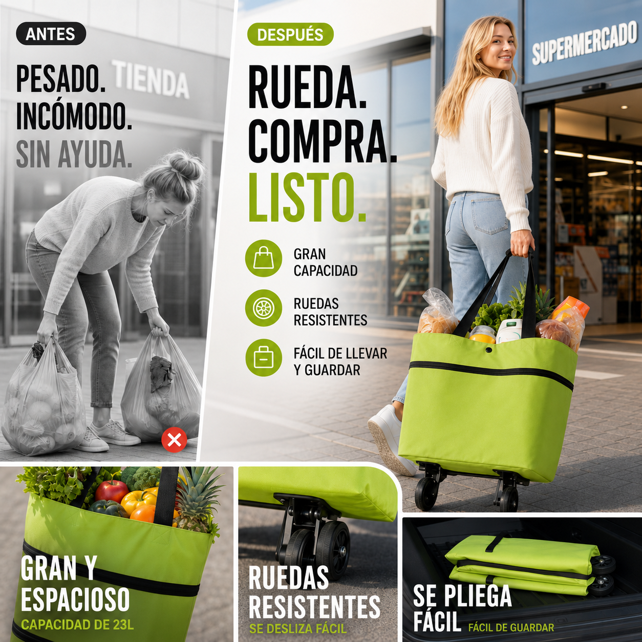 🛒 ¡50% DE DESCUENTO SOLO POR HOY! 🧳 Carrito de Mercado Plegable 2 en 1 – Gran Capacidad y Tela Oxford Súper Resistente – Perfecto para hacer mercado, ir de compras, viajar o salir de paseo . 🌿