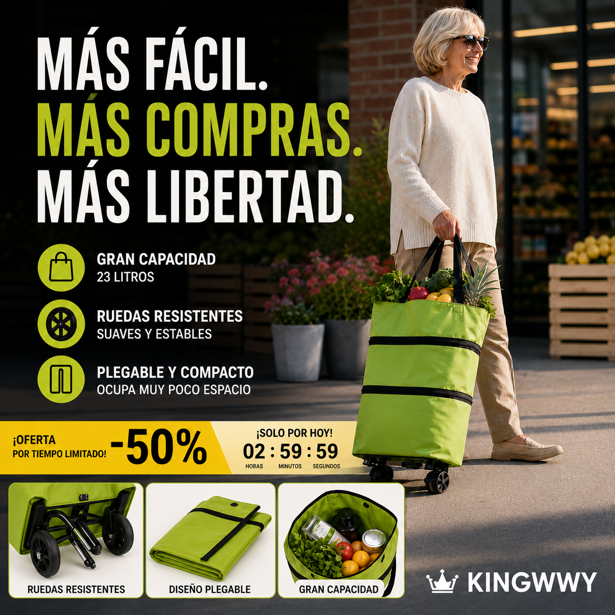 🛒 ¡50% DE DESCUENTO SOLO POR HOY! 🧳 Carrito de Mercado Plegable 2 en 1 – Gran Capacidad y Tela Oxford Súper Resistente – Perfecto para hacer mercado, ir de compras, viajar o salir de paseo . 🌿